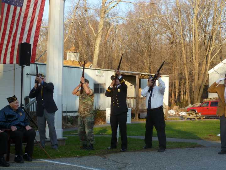 North Salem veterans of foreign wars flanked the podium at the town&#x27;s Veterans Day ceremony Sunday. Dressed in their military uniforms, the servicemen discharged their rifles in salute to veterans everywhere.