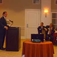 <p>Gov. Dannel Malloy speaks Tuesday during the Wilton Chamber of Commerce Annual Dinner. </p>