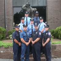 <p>Nine new firefighting graduates. Front row, right to left: Heriberto Virella, William Simons, John Giordano Jr. and Cea Fong; second row, Christopher Rimm, Thomas Leonard and Michael Mackenzie; Top row: Christopher Duffelmeyer and Hassan Washington.</p>