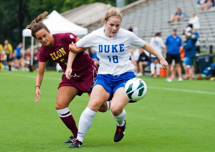 Harvey School alum Maddy Haller, shown in a game earlier in the season, is a standout defensive player for Duke.