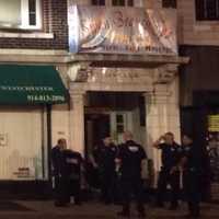 <p>New Rochelle police outside the North Avenue building where a home invasion took place overnight.</p>