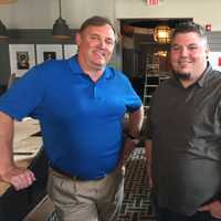 <p>Les Barnes, left and Bobby Will, right in the still under construction bar at Saltaire in Port Chester.</p>