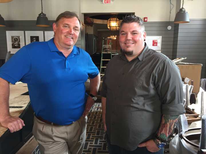 Les Barnes, left and Bobby Will, right in the still under construction bar at Saltaire in Port Chester.