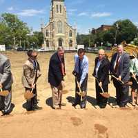 <p>The landmark St. Peter&#x27;s Church can be seen behind the groundbreaking ceremony. </p>