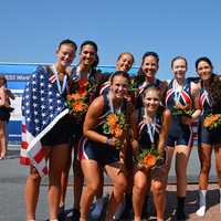 <p>Darien&#x27;s Julia Cornacchia, standing second from left, celebrates with teammates after winning a bronze medal at the World Junior Championships. Cornacchia rows for the Connecticut Boat Club of Norwalk.</p>