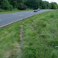 <p>A look at the  tire marks and tracks in the northbound lane where the BMW SUV exited  into the center median, struck an earth embankment, and became airborne into the southbound lanes.</p>