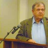 <p>Geoffrey Pickard, a member of the town&#x27;s utilities commission, speaks during Thursday&#x27;s post Hurricane Sandy response meeting. </p>