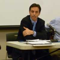 <p>New Canaan Emergency Management Director Mike Handler, left, speaks during Thursday&#x27;s post-storm response meeting while First Selectman Robert Mallozzi III listens. </p>