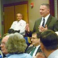 <p>Bill Quinlan, a vice president with Connecticut Light &amp; Power, talks during Thursday&#x27;s post-storm response meeting in New Canaan. </p>