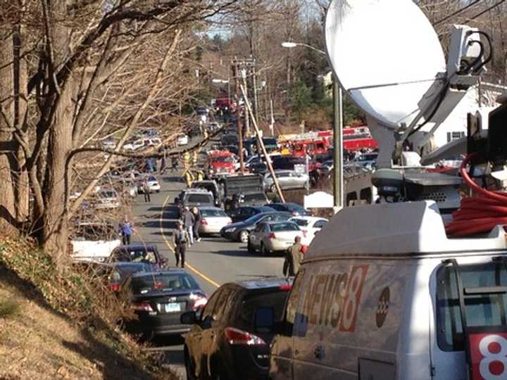 The scene outside Sandy Hook Elementary School Friday morning. 