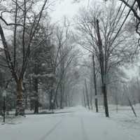 <p>Gedney Park Drive gets covered in snow. </p>