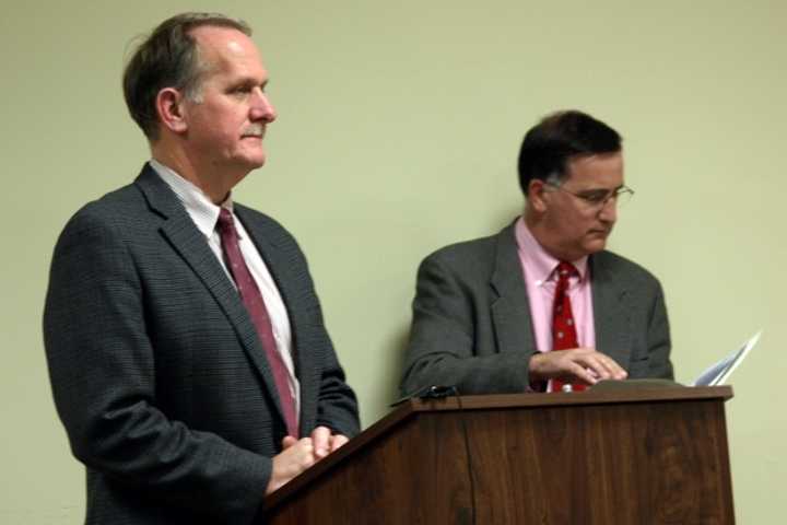 Architect Bill Silver (left) and Schools Superindendent David Title describe the renovations to Osborn Hill School to Fairfield&#x27;s Board of Selectmen on Wednesday.