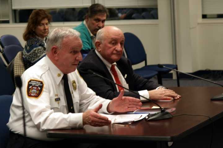 Fairfield Fire Chief Richard Felner and Fire Commission Chair Richard Popilowski talk to the Board of Finance about recent retirements in the Fire Department earlier this week.