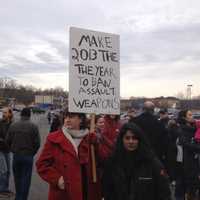 <p>Jen Sage-Robison, a Bethel resident, held a sign advocating an end to gun violence outside Walmart in Danbury on Tuesday.</p>