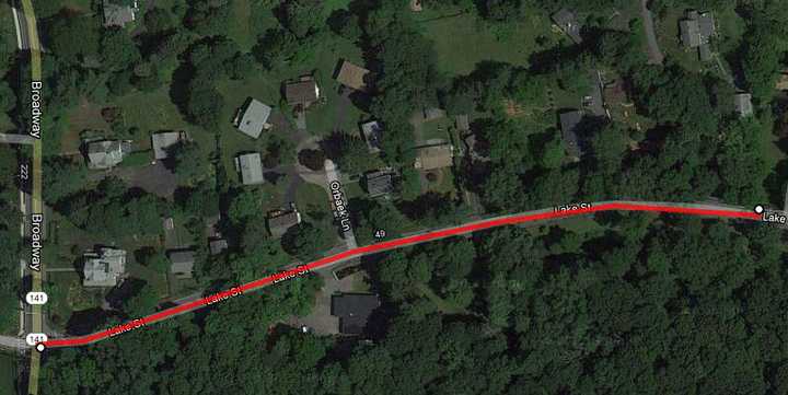 This map represents the new parking laws on Lake Street in Pleasantville. The red line represents where on-street parking will be eliminated at all times. 