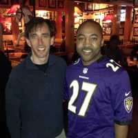 <p>New Rochelle Mayor Noam Bramson (l.) and City Council member Jared Rice (no relation to Ray Rice) attended the Super Bowl party at Applebee&#x27;s.</p>