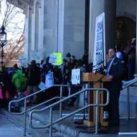 <p>State Sen. John McKinney (R-Fairfield) addresses the crowd Thursday in Hartford.</p>