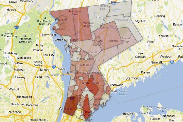 This map of Westchester County illustrates the incidence of domestic violence reports. Redder areas indicate a higher incidence. 