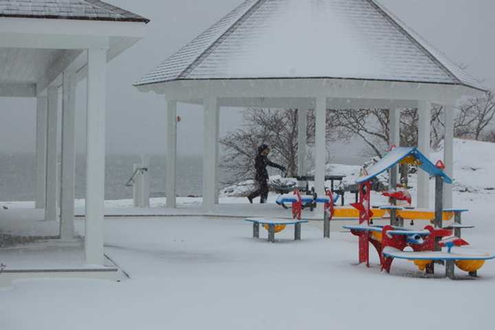 Weed Beach in Darien is blanketed in snow by a previous blizzard.