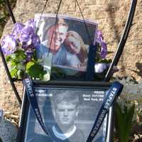 <p>Photos of Marine Lance Cpl. Roger Muchnick, a 2008 graduate of Westport&#x27;s Staples High School, are included in a memorial constructed in his honor on Veterans Green.</p>