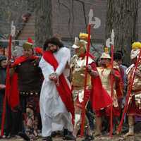 <p>Father Vincent Druding (Jesus) and members of the Assumption Catholic Church congregation carried out a live reenactment of the crucifixion of Jesus on Good Friday,</p>