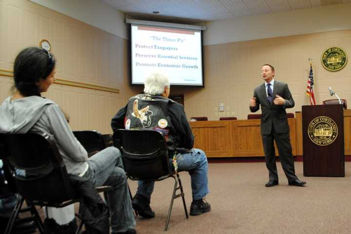 Westchester County Executive Rob Astorino address a crowd in Cortlandt during his &quot;Ask Astorino&quot; town hall meetings. He will hold his next meeting in Yonkers on Tuesday. 