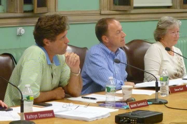 Town Council members, from left, Mark DeWaele, Steve Karl and Penny Young, and the other members of the council will be hearing from residents about New Canaan&#x27;s spending plan Wednesday night. 