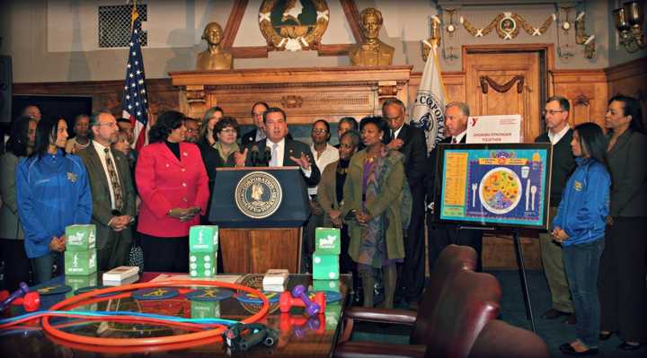 City officials join the Yonkers YMCA on Friday to announce a $300,000 healthy living grant awarded to the YMCA. 