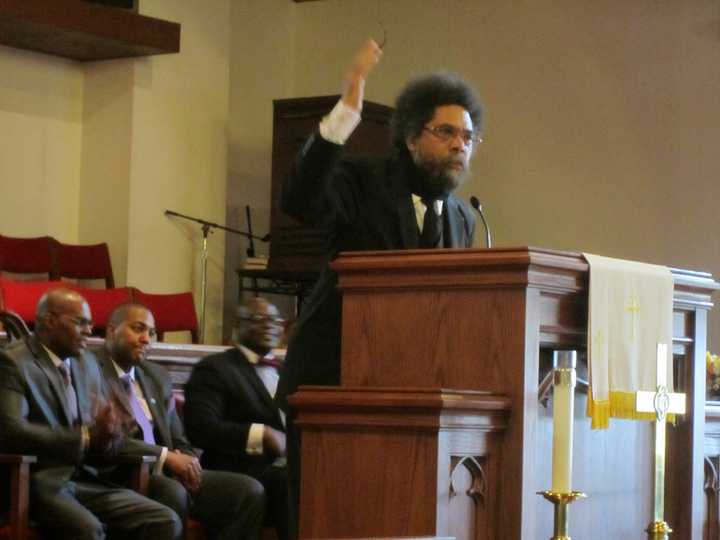 Dr. Cornel West speaks in White Plains on April 20 at a town hall meeting on police accountability.