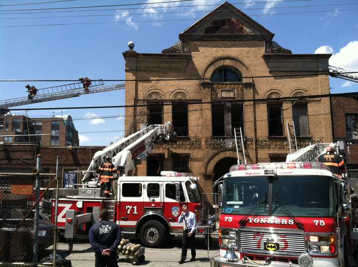 Yonkers firefighters battled a two-alarm fire at the former Teutonia Hall at 51 Buena Vista Ave., Friday morning. 