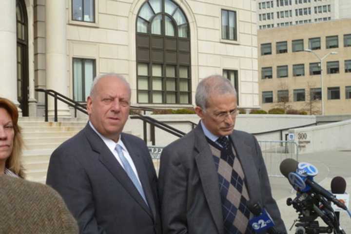 Former State Sen. Nicholas Spano, seen here with attorney Richard Levitt in front of the U.S. Courthouse in White Plains, was released from prison Monday. 