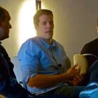 <p>Entrepreneurs Tyler, left, and Cameron Winklevoss speak to a group of businesspeople at a lecture in Greenwich on Thursday.</p>