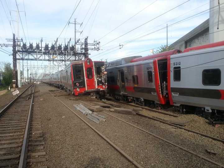 Twitter user Rob Oliver tweeted this photo with the caption: My train just collided w another train in Bridgeport.