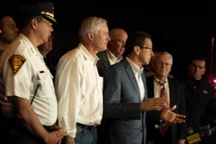 Gov. Dannel Malloy holds a press conference with Bridgeport and Fairfield officials regarding Friday&#x27;s train derailment on the New Haven Line. 