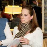 <p>Nina Sherwood of Stamford takes charge at a Bernie Sanders meeting at the Silver Star Diner in Norwalk.</p>