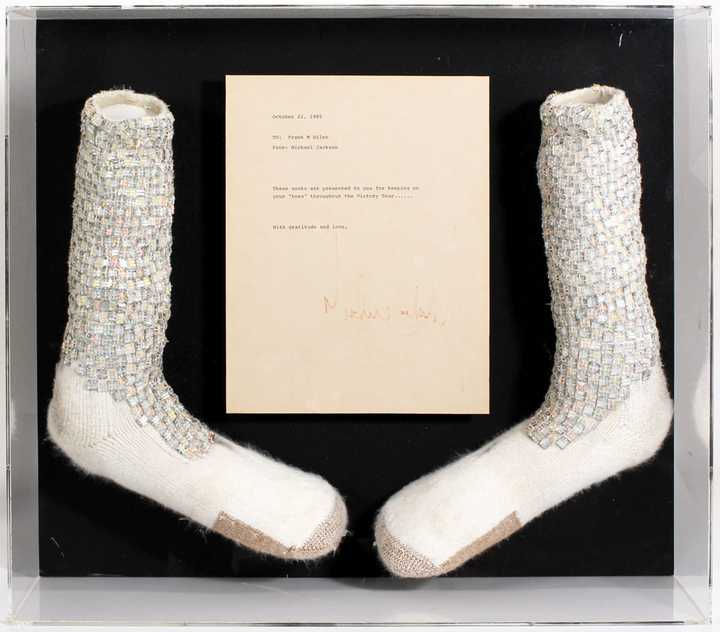 A Franklin Lakes shop has set bidding on the socks that Michael Jackson wore the first time he did the moonwalk on stage at $100,000.