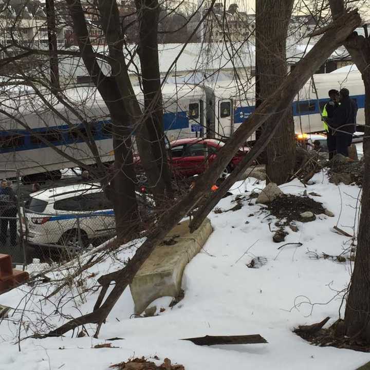 A car was hit by a Danbury-bound train on Tuesday in central Norwalk.