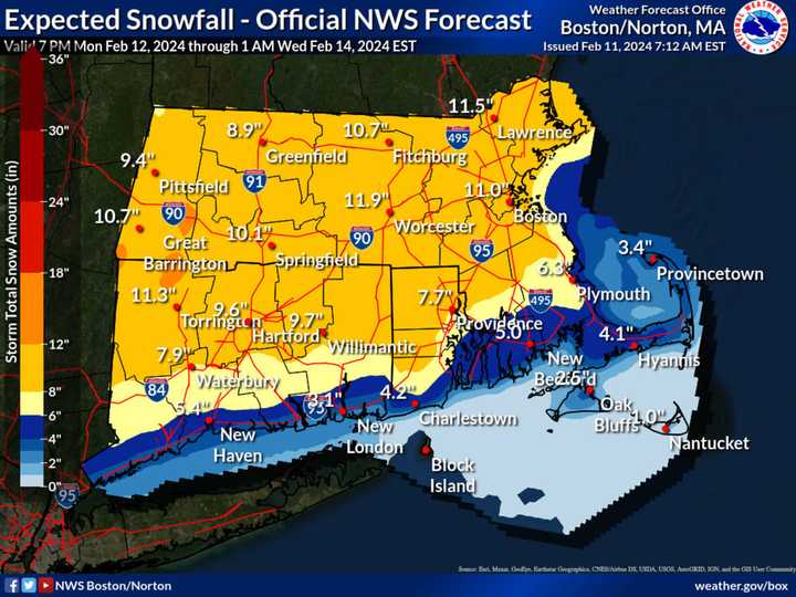 A new map of projected snowfall totals released on Sunday, Feb. 11 by the National Weather Service.
  
