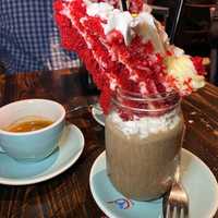 <p>Milkshake with red velvet cake.</p>