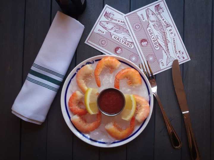 Jumbo shrimp cocktail with classic cocktail sauce from The Halyard restaurant in Greenport, which recently rolled out its fall menu selections.