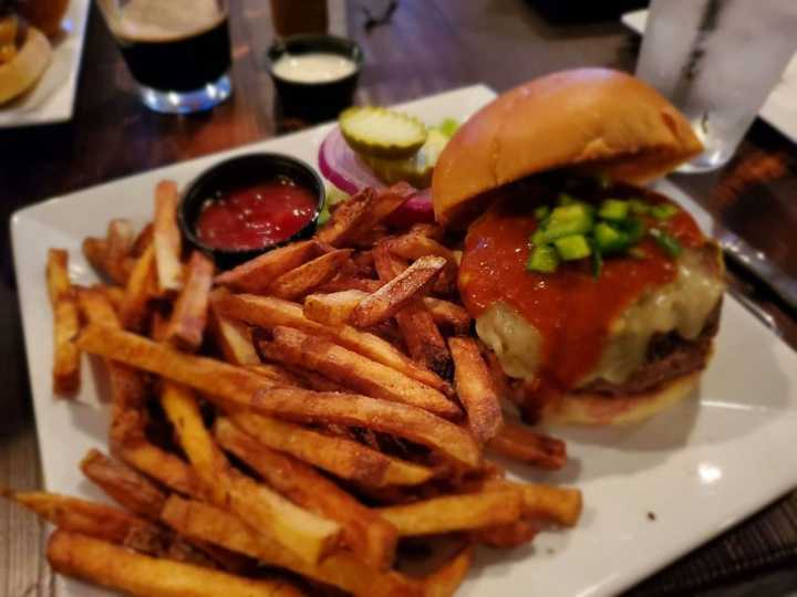 Atomic Burger with pepper jack, rigor mortis hot sauce and diced jalapeños from A Better Place Bar &amp; Grill (200 Rt. 32 Suite 3,4 and 5 in Central Valley)