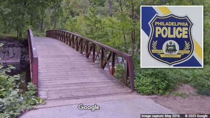 The footbridge at Pennypack Park Trail; Philadelphia police.&nbsp;