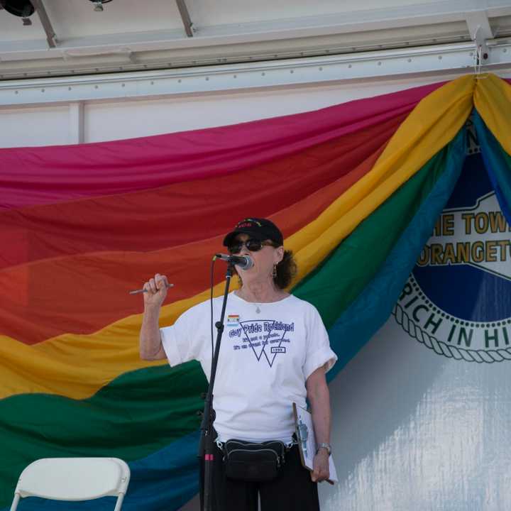 Phyllis B. Frank addresses the crowds in Nyack on June 12 during Pride Weekend.