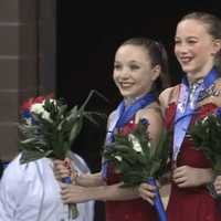 <p>Silver medalist Emilia Murdock, far left, on the podium with, from left, gold medalist Stephanie Ciarochi, bronze medalist Ariela Masarsky and pewter medalist Emily Zhang.</p>