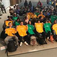 <p>Students at Bunnell High show off their Google T-shirts as one of their classmates, Sarah Harrison, is named as the winner of a Google 4 Doodle contest.</p>