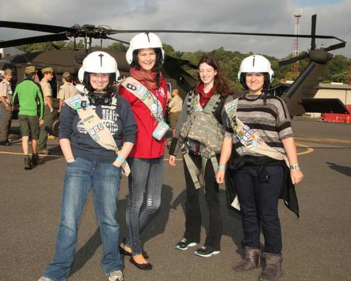 Girl Scouts get up close to helicopters during a weekend campout at Sikorsky Aircraft in Stratford. 