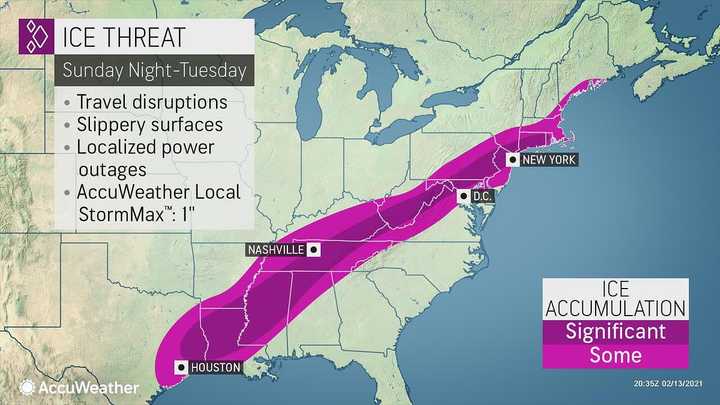 A look at areas where there could be travel disruptions and power outages Monday night, Feb. 15 into Tuesday, Feb. 16.