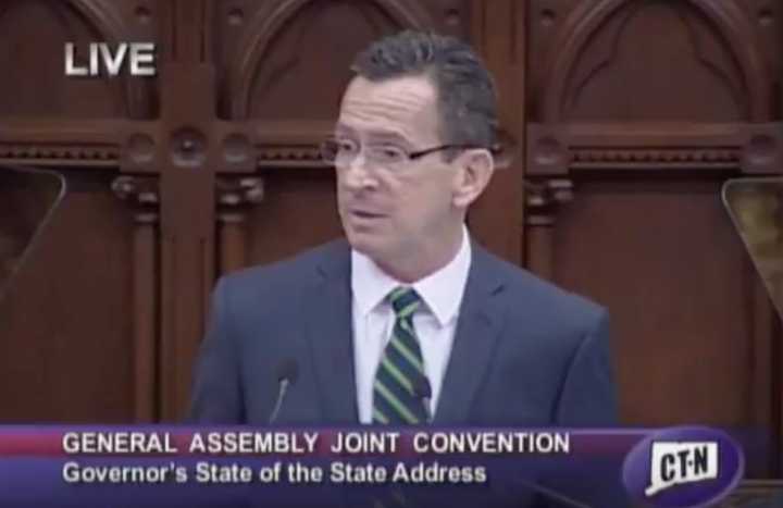 Gov. Dannel P. Malloy addresses the state legislature on budgeting practices during his 2016 State of the State address.