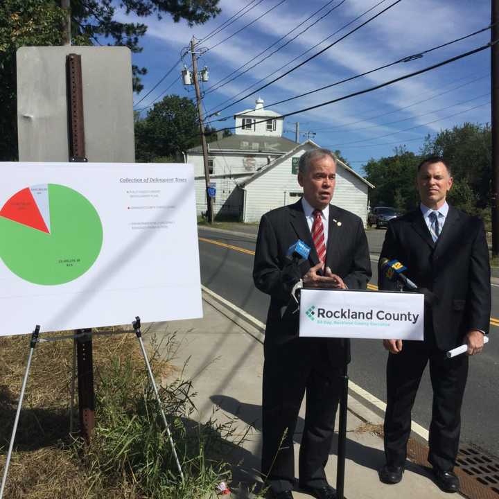 Rockland County Executive Ed Day and Thomas Dillon, Rockland County Title Examiner stand with the delinquent property on Kings Highway in Valley Cottage in the background.