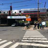 <p>A Metro-North train stopped at the Stratford station</p>